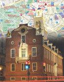 Boston City Map Mini Puzzle featuring a colorful map of Boston in the background with the historic Old State House in the foreground. The puzzle has 100 pieces and highlights notable streets and landmarks in Boston, offering a fun and educational experience for puzzle enthusiasts.