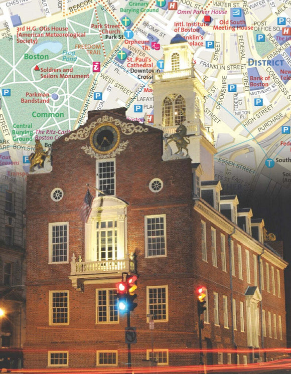 Boston City Map Mini Puzzle featuring a colorful map of Boston in the background with the historic Old State House in the foreground. The puzzle has 100 pieces and highlights notable streets and landmarks in Boston, offering a fun and educational experience for puzzle enthusiasts.