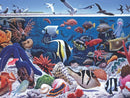 A vibrant jigsaw puzzle depicting ocean life, featuring a variety of colorful marine creatures including fish, octopuses, corals, and sea stars. The illustration captures both underwater scenes and seabirds above the water's surface, creating a lively aquatic environment that showcases the richness of ocean biodiversity.