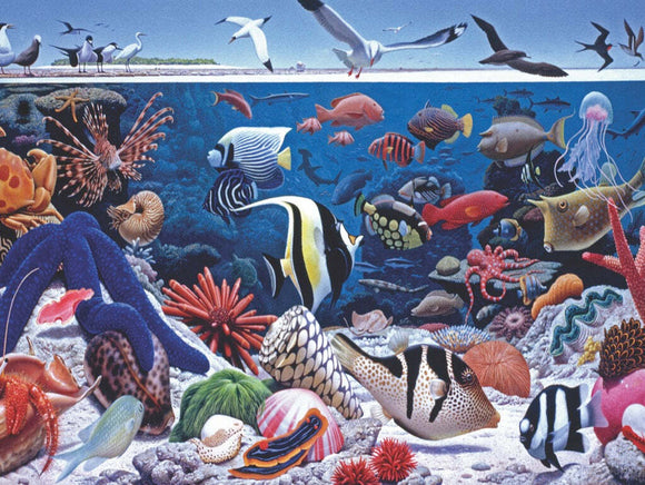 A vibrant jigsaw puzzle depicting ocean life, featuring a variety of colorful marine creatures including fish, octopuses, corals, and sea stars. The illustration captures both underwater scenes and seabirds above the water's surface, creating a lively aquatic environment that showcases the richness of ocean biodiversity.