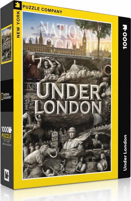 Under London National Geographic 1000-piece jigsaw puzzle by New York Puzzle Company. The box features a captivating illustration showcasing various historical elements beneath the city, including statues and artifacts, set against an iconic London backdrop.