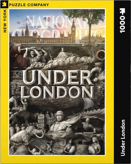Under London National Geographic 1000-piece jigsaw puzzle by New York Puzzle Company. The image features an intricate collage of historical figures and scenes beneath London, showcasing landmarks like Big Ben, ancient warriors, and mythical creatures, all set against a colorful skyline.