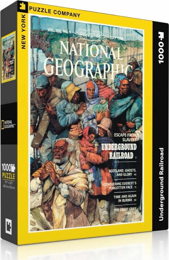 A 1000-piece jigsaw puzzle box featuring a vibrant illustration related to the Underground Railroad, published by National Geographic. The cover depicts figures escaping from slavery, evoking historical themes of freedom and resilience, with bold colors and dynamic scenes. The box has a yellow frame with the title prominently displayed.