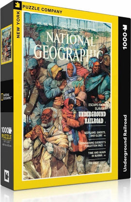 A 1000-piece jigsaw puzzle box featuring a vibrant illustration related to the Underground Railroad, published by National Geographic. The cover depicts figures escaping from slavery, evoking historical themes of freedom and resilience, with bold colors and dynamic scenes. The box has a yellow frame with the title prominently displayed.