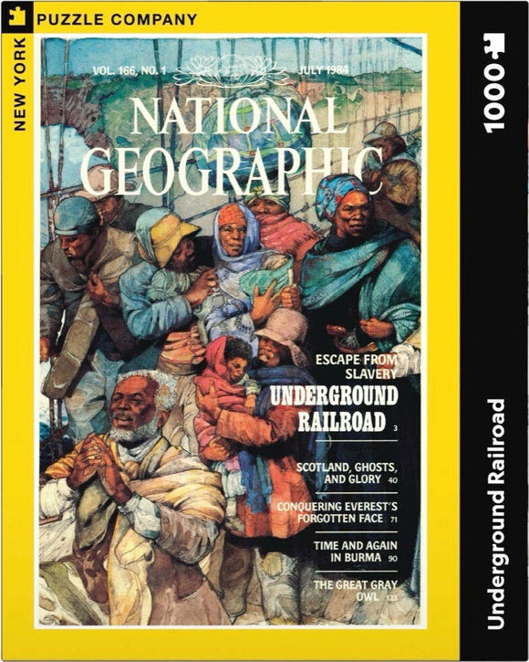 A jigsaw puzzle depicting a historical scene related to the Underground Railroad, featured on the cover of a July 1984 National Geographic magazine. The artwork showcases diverse individuals in various expressions, representing emotions of hope and struggle, surrounded by an environment that reflects the period. It emphasizes themes of escape and freedom, perfect for history enthusiasts and puzzle lovers alike.