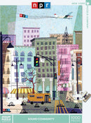 A colorful 1000-piece jigsaw puzzle depicting a vibrant cityscape with tall buildings, streetlights, trees, and a yellow bus, featuring an airplane flying above. The art showcases a lively neighborhood atmosphere. The puzzle is branded as the NPR: Sound Community Puzzle by New York Puzzle Company.