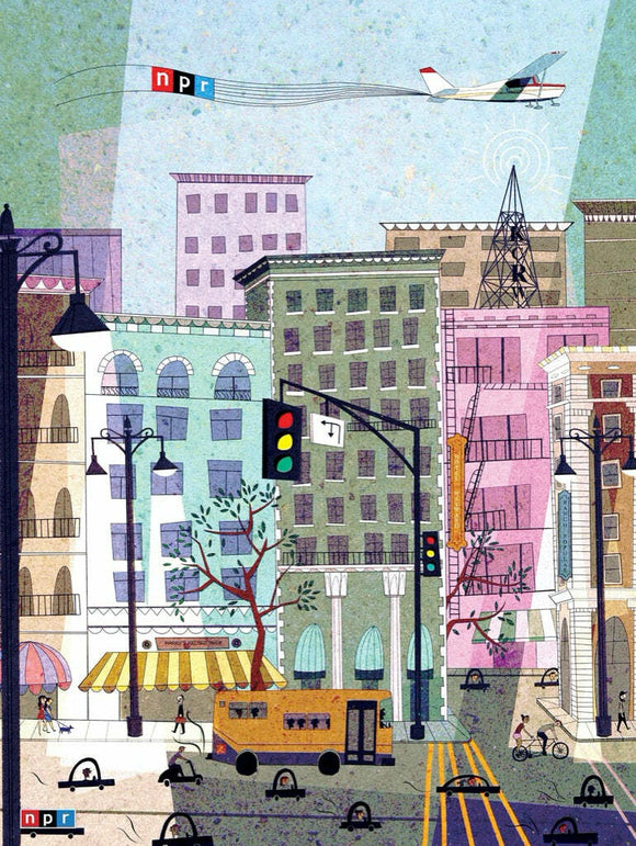 A colorful and whimsical illustration of a vibrant city scene featuring various buildings, an animated street with cars, pedestrians, and a yellow bus. An airplane can be seen flying overhead with the letters 'NPR' trailing behind, while a radio tower emits signals. The artwork conveys a sense of community life and bustling activity, perfect for puzzle enthusiasts.
