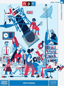 NPR Studios jigsaw puzzle featuring a colorful illustration of various radio station activities, including a microphone, people interacting with equipment, and a blue and red color scheme. The puzzle contains 500 pieces and is made by the New York Puzzle Company.
