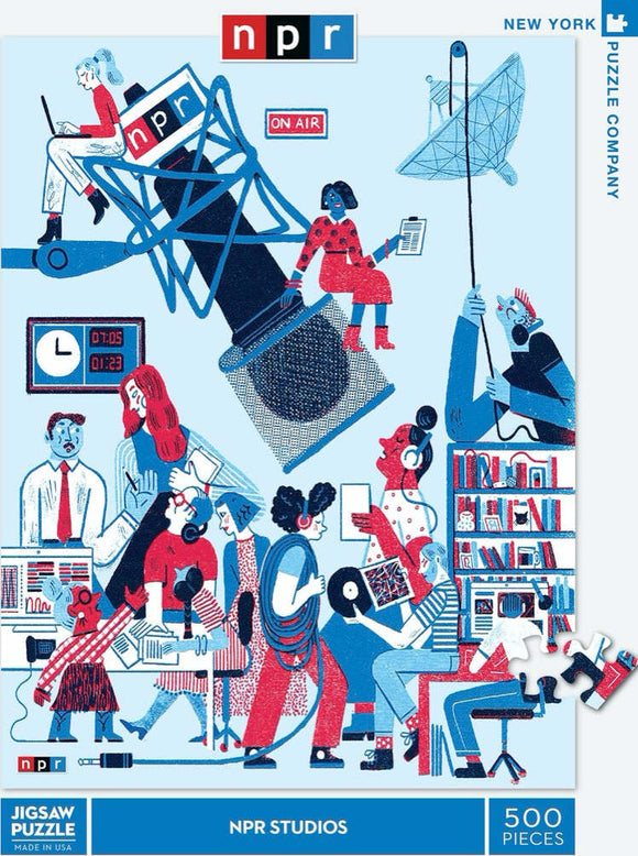 NPR Studios jigsaw puzzle featuring a colorful illustration of various radio station activities, including a microphone, people interacting with equipment, and a blue and red color scheme. The puzzle contains 500 pieces and is made by the New York Puzzle Company.