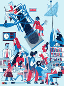 NPR Studios jigsaw puzzle artwork featuring colorful illustrations of diverse people engaged in radio broadcasting activities. The design includes a central microphone, various studio elements, and lively characters working together, emphasizing collaboration and creativity in media production.