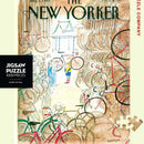 A 1000-piece jigsaw puzzle depicting a charming bicycle shop scene with colorful bicycles hanging on walls and a whimsical illustration of people interacting. The artwork captures a nostalgic vibe reminiscent of vintage New Yorker covers.