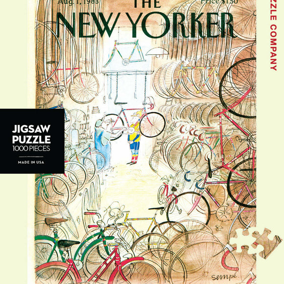 A 1000-piece jigsaw puzzle depicting a charming bicycle shop scene with colorful bicycles hanging on walls and a whimsical illustration of people interacting. The artwork captures a nostalgic vibe reminiscent of vintage New Yorker covers.