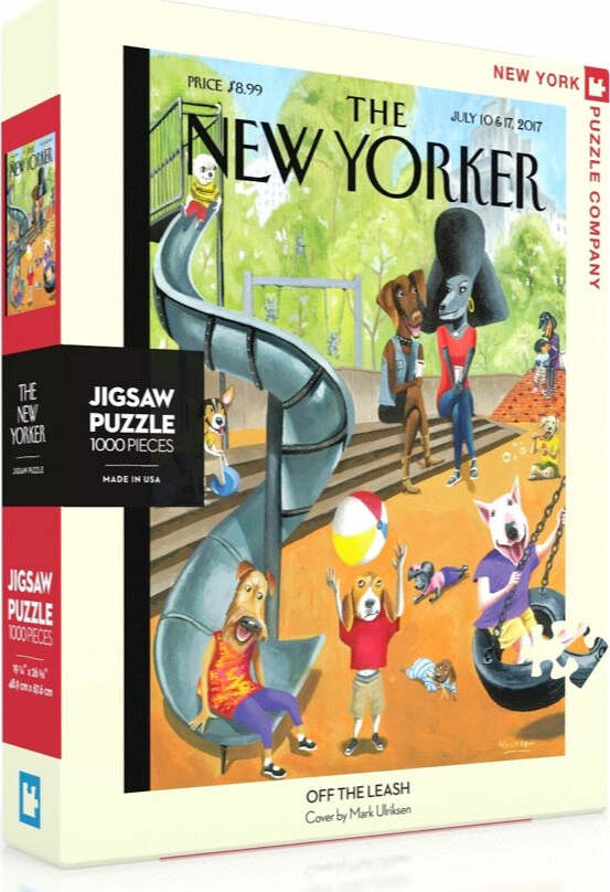 Off the Leash 1000-piece jigsaw puzzle by New York Puzzle Company. The puzzle features a humorous and colorful illustration of dogs and their owners enjoying a day at the park, engaged in various playful activities on a playground with a slide and swings. It captures a whimsical moment inspired by the artwork of Mark Ulrichsen.