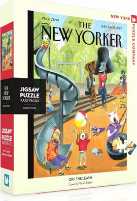 Off the Leash 1000-piece jigsaw puzzle by New York Puzzle Company. The puzzle features a humorous and colorful illustration of dogs and their owners enjoying a day at the park, engaged in various playful activities on a playground with a slide and swings. It captures a whimsical moment inspired by the artwork of Mark Ulrichsen.