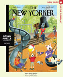 A 1000-piece jigsaw puzzle titled 'Off the Leash' featuring vibrant illustrations of playful dogs and their owners in a park setting. The puzzle includes characters engaged in various activities like playing on a slide, tossing a beach ball, and enjoying time at the park. The artwork is from a cover by Mark Ulriksen for The New Yorker, highlighting a fun, whimsical atmosphere.