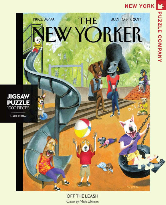 A 1000-piece jigsaw puzzle titled 'Off the Leash' featuring vibrant illustrations of playful dogs and their owners in a park setting. The puzzle includes characters engaged in various activities like playing on a slide, tossing a beach ball, and enjoying time at the park. The artwork is from a cover by Mark Ulriksen for The New Yorker, highlighting a fun, whimsical atmosphere.