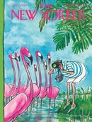 The Flamingo Photographer Puzzle features a vibrant illustration of a photographer in a striped shirt capturing images of several pink flamingos wading in a lush green environment. The scene is set against a bright blue sky with leafy palm trees framing the view, creating a lively and artistic representation perfect for puzzle enthusiasts.