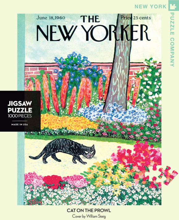 A scenic jigsaw puzzle featuring a black cat walking through a vibrant garden, surrounded by colorful flowers and greenery. The image is a recreation of the June 18, 1960, cover of The New Yorker, illustrated by William Steig. The puzzle consists of 1000 pieces and is made in the USA.