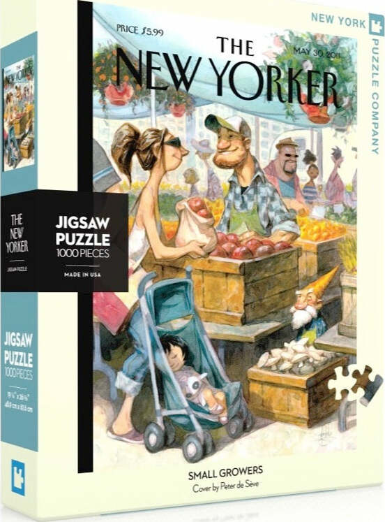 A vibrant jigsaw puzzle box featuring the 'Small Growers' design from The New Yorker, illustrated by Peter de Seve. The artwork depicts a bustling market scene with friendly vendors and customers, showcasing fresh produce and a playful gnome. The box is labeled with the puzzle's title, piece count (1000 pieces), and the New York Puzzle Company branding.