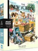A vibrant jigsaw puzzle box featuring the 'Small Growers' design from The New Yorker, illustrated by Peter de Seve. The artwork depicts a bustling market scene with friendly vendors and customers, showcasing fresh produce and a playful gnome. The box is labeled with the puzzle's title, piece count (1000 pieces), and the New York Puzzle Company branding.