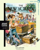 The Small Growers Puzzle (1000pc) features a whimsical illustration by Peter de Sève, depicting a farmer's market scene with shoppers, colorful fruits, and cheerful characters. A baby sleeps in a stroller, showcasing a vibrant atmosphere. Perfect for puzzle lovers and fans of The New Yorker magazine.