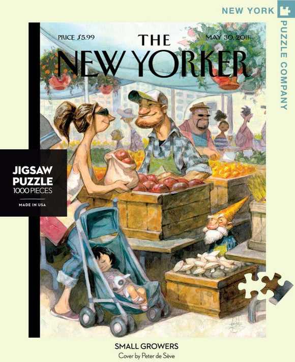 The Small Growers Puzzle (1000pc) features a whimsical illustration by Peter de Sève, depicting a farmer's market scene with shoppers, colorful fruits, and cheerful characters. A baby sleeps in a stroller, showcasing a vibrant atmosphere. Perfect for puzzle lovers and fans of The New Yorker magazine.