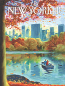 A vibrant jigsaw puzzle featuring a scenic illustration of Central Park in autumn, where two people are rowing a boat on a tranquil lake surrounded by colorful fall foliage and skyscrapers in the background.
