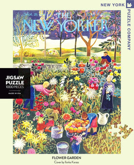 A vibrant and colorful jigsaw puzzle featuring a Flower Garden scene, showcasing people tending to flowers and plants. The illustration is by Ilonka Karasz and captures the essence of nature with sunny colors and lush greenery. This 1000-piece puzzle from the New York Puzzle Company offers an engaging and relaxing activity for puzzle enthusiasts.