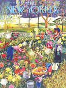 A vibrant jigsaw puzzle featuring a colorful flower garden scene. The illustration shows people tending to flowers amidst lush greenery, filled with various blooming flowers and trees, capturing the essence of a lively garden.