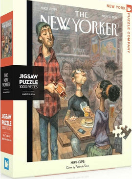 Hip Hops 1000-piece jigsaw puzzle featuring a whimsical illustration by Peter de Seve, showcasing a lively scene in a pub with diverse characters, brought to you by New York Puzzle Company.