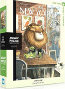 A New Leaf Jigsaw Puzzle featuring a whimsical illustration by Peter de Seve. The puzzle box showcases a lion sitting at a table in a vibrant setting, surrounded by artful decor and a blend of animals in a cafe-like atmosphere. Perfect for puzzle enthusiasts and lovers of unique artwork.