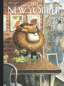 A jigsaw puzzle titled 'A New Leaf Puzzle' featuring a whimsical illustration of a lion sitting at a cafe table with a plate of salad and a green drink, surrounded by vibrant artwork on the walls. The setting has a cozy atmosphere, capturing the charm of a New Yorker cafe.