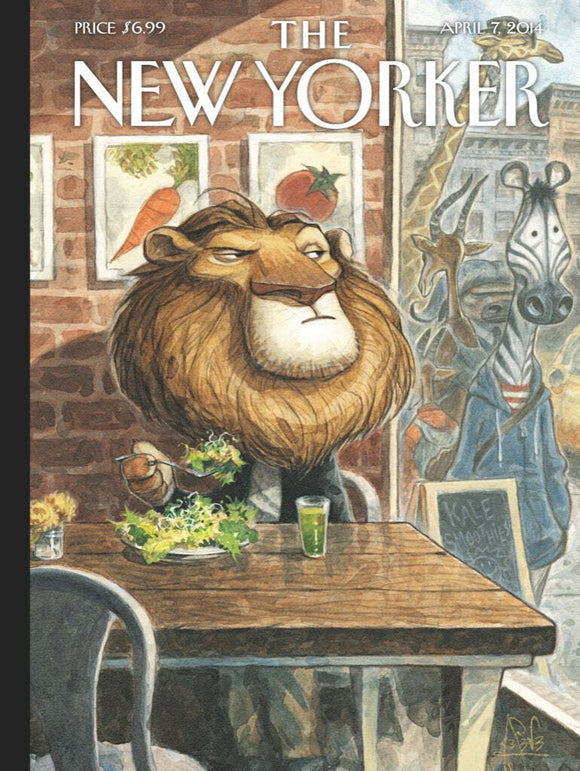A jigsaw puzzle titled 'A New Leaf Puzzle' featuring a whimsical illustration of a lion sitting at a cafe table with a plate of salad and a green drink, surrounded by vibrant artwork on the walls. The setting has a cozy atmosphere, capturing the charm of a New Yorker cafe.