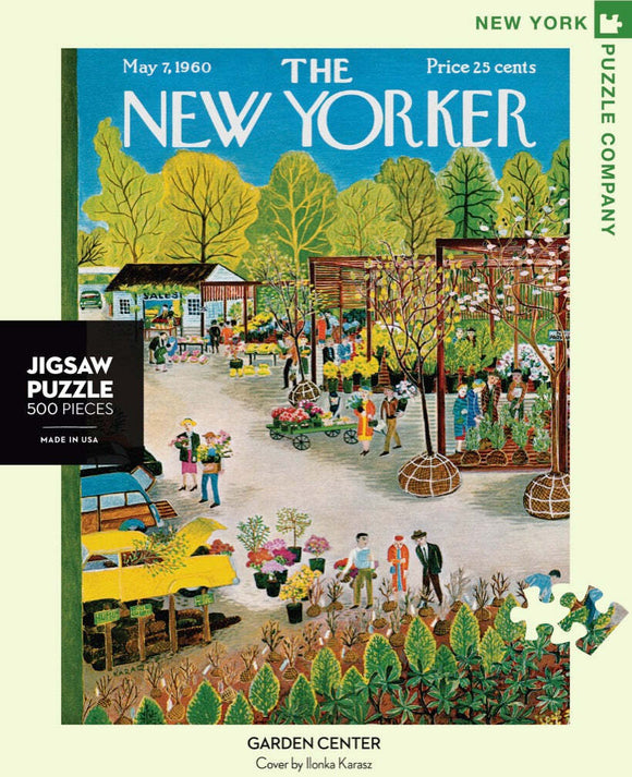 Garden Center Jigsaw Puzzle featuring vibrant artwork by Ilonka Karasz, depicting a lively garden center scene with people interacting among colorful flowers and plants. This 500-piece jigsaw puzzle captures a nostalgic moment from the May 7, 1960 issue of The New Yorker, ideal for puzzle lovers and art enthusiasts alike.