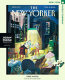 The Three Amigos Jigsaw Puzzle features an illustration by Jean-Jacques Sempé depicting three musicians playing guitars in a cozy room filled with vintage furniture and warm lighting. The puzzle contains 1000 pieces and is designed for adults and children 12 and up. It is made in the USA and is perfect for puzzle enthusiasts and fans of The New Yorker.