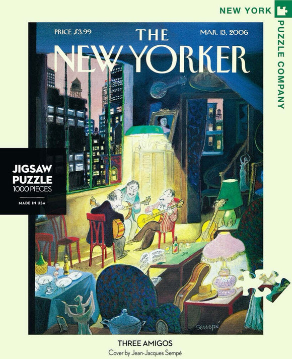 The Three Amigos Jigsaw Puzzle features an illustration by Jean-Jacques Sempé depicting three musicians playing guitars in a cozy room filled with vintage furniture and warm lighting. The puzzle contains 1000 pieces and is designed for adults and children 12 and up. It is made in the USA and is perfect for puzzle enthusiasts and fans of The New Yorker.