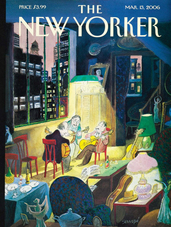 A cozy indoor scene depicting three musicians playing guitars in a warmly lit room filled with various decorations. The musicians are seated on red chairs surrounded by tables showcasing bottles, a lamp, and various artistic items, creating a nostalgic atmosphere.