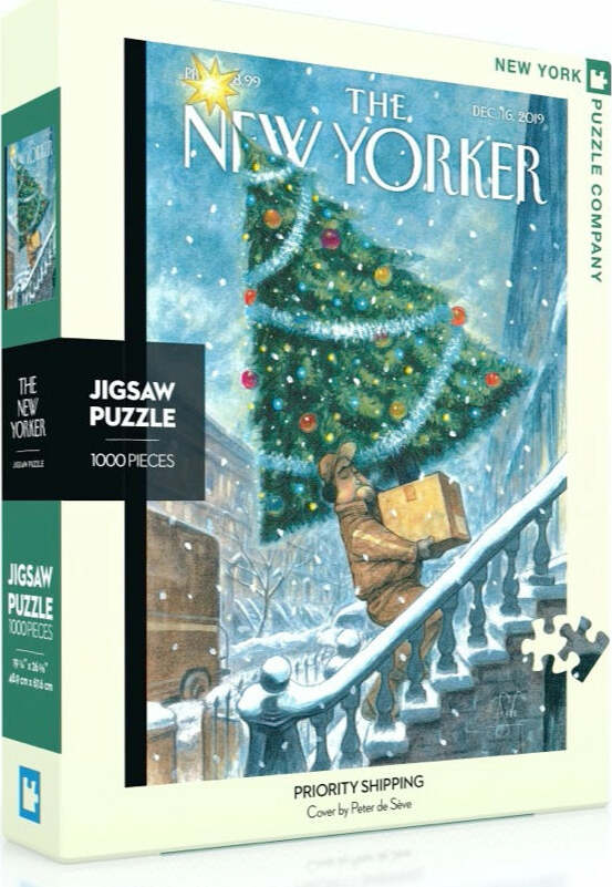 Jigsaw puzzle box titled 'Priority Shipping' featuring a festive winter scene with a man carrying a package up snowy steps beside a Christmas tree. The artwork is the cover of a 2019 The New Yorker magazine by Peter de Sève. The puzzle contains 1000 pieces.