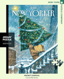 A colorful jigsaw puzzle featuring a winter scene with a delivery man carrying a box up snowy stairs, set under a decorated Christmas tree, inspired by a New Yorker cover by Peter de Sève. The puzzle contains 1000 pieces and showcases a charming, festive illustration perfect for cozy gatherings.