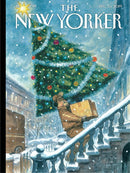 A 1000-piece jigsaw puzzle featuring a charming winter scene from a New Yorker cover. A delivery worker carries a large box up snowy stairs, under a beautifully decorated Christmas tree. Snowflakes gently fall around him, evoking a festive holiday spirit.