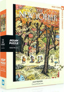 Leaf Peepers 1000-piece jigsaw puzzle by New York Puzzle Company featuring a vibrant autumn landscape filled with whimsical characters. The cover art, illustrated by Ricardo Liniers, showcases a colorful mix of trees, flora, and playful figures amidst falling leaves.