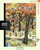 Leaf Peepers 1000-piece jigsaw puzzle featuring whimsical characters walking through a colorful autumn forest. The art includes playful elements like trees with expressive faces, and characters dressed in costumes such as a witch and a skeleton. Designed for puzzle enthusiasts, this vibrant scene evokes the charm of a fall day.