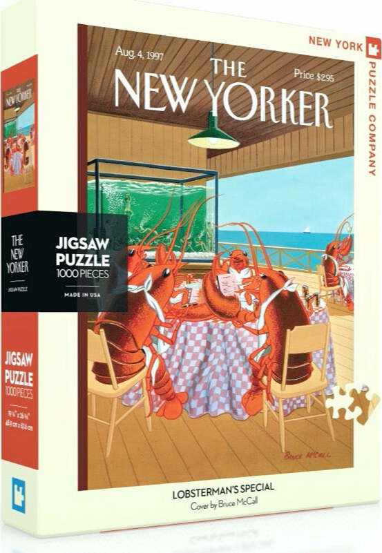Lobsterman's Special Puzzle (1000pc) by New York Puzzle Company. Features a whimsical cover illustration by Bruce McCall, depicting lobsters dining at a seaside table. The puzzle box displays vibrant colors and intricate details, inviting puzzle enthusiasts to engage in this fun and challenging activity.