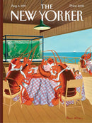 A whimsical illustration of lobsters dining at a table, dressed in napkins, with a checkered tablecloth. The setting features a bright coastal view through a window, and a tank with swimming figures in the background. This artwork captures a playful scene reminiscent of summer gatherings.
