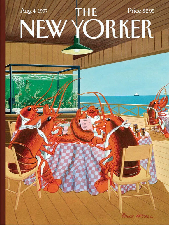 A whimsical illustration of lobsters dining at a table, dressed in napkins, with a checkered tablecloth. The setting features a bright coastal view through a window, and a tank with swimming figures in the background. This artwork captures a playful scene reminiscent of summer gatherings.