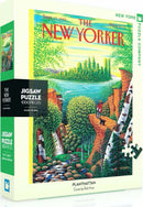 A vibrant jigsaw puzzle box featuring the 'Planthattan' artwork by Bob Knaff. The cover showcases a colorful landscape with trees, cliffs, and a serene river, inspired by The New Yorker magazine from September 17, 1990. The box indicates that it contains 1000 pieces and is made by the New York Puzzle Company.
