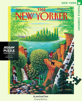 Planthattan 1000-piece jigsaw puzzle by New York Puzzle Company, featuring a vibrant illustration of a serene landscape with lush greenery, trees, and a flowing stream. The puzzle showcases the cover of The New Yorker magazine from September 17, 1990, illustrated by Bob Knox, capturing a picturesque scene with a figure enjoying nature.