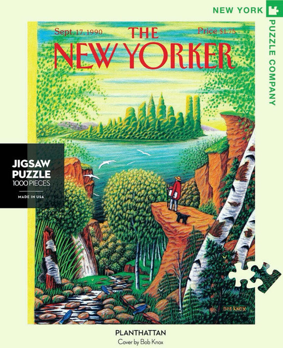 Planthattan 1000-piece jigsaw puzzle by New York Puzzle Company, featuring a vibrant illustration of a serene landscape with lush greenery, trees, and a flowing stream. The puzzle showcases the cover of The New Yorker magazine from September 17, 1990, illustrated by Bob Knox, capturing a picturesque scene with a figure enjoying nature.