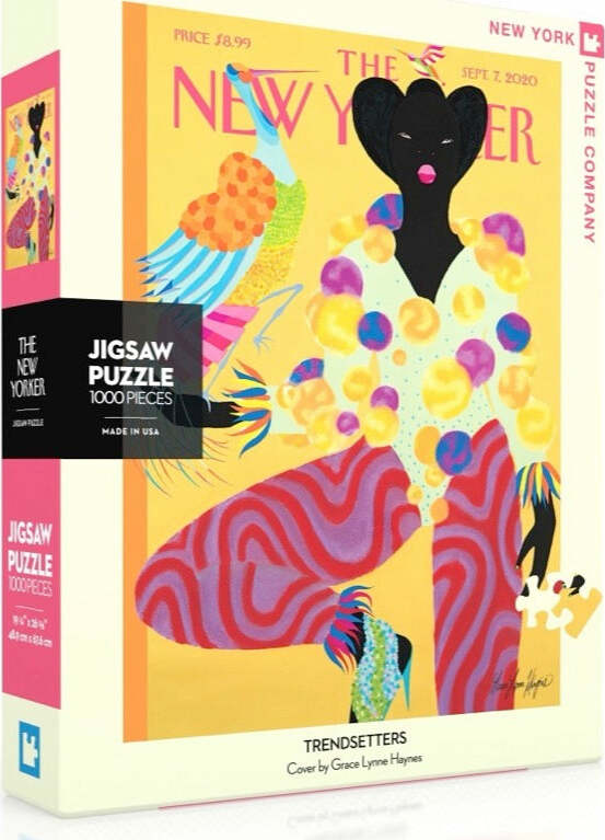 Trendsetters jigsaw puzzle by New York Puzzle Company featuring a vibrant cover illustration by Grace Lynne Haynes from The New Yorker magazine. The box showcases a colorful design with a fashionable woman adorned in accessories, surrounded by whimsical elements.