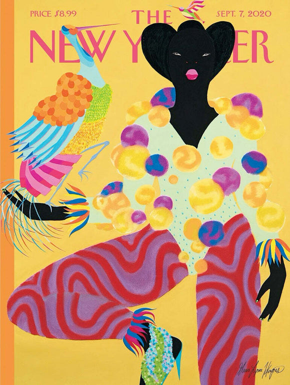 A colorful jigsaw puzzle featuring a vibrant and artistic illustration from The New Yorker, highlighting a stylish figure adorned with a playful outfit and unique accessories, set against a bright yellow background.